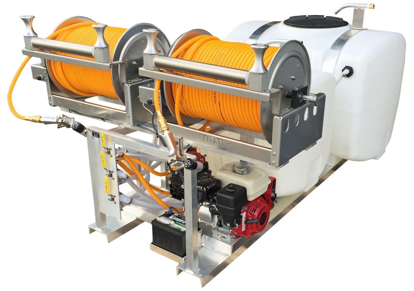 Kings Sprayers 200/100 Gallon Skid with 10 gpm Diaphragm Pump & Dual Electric Hose Reels with 300'