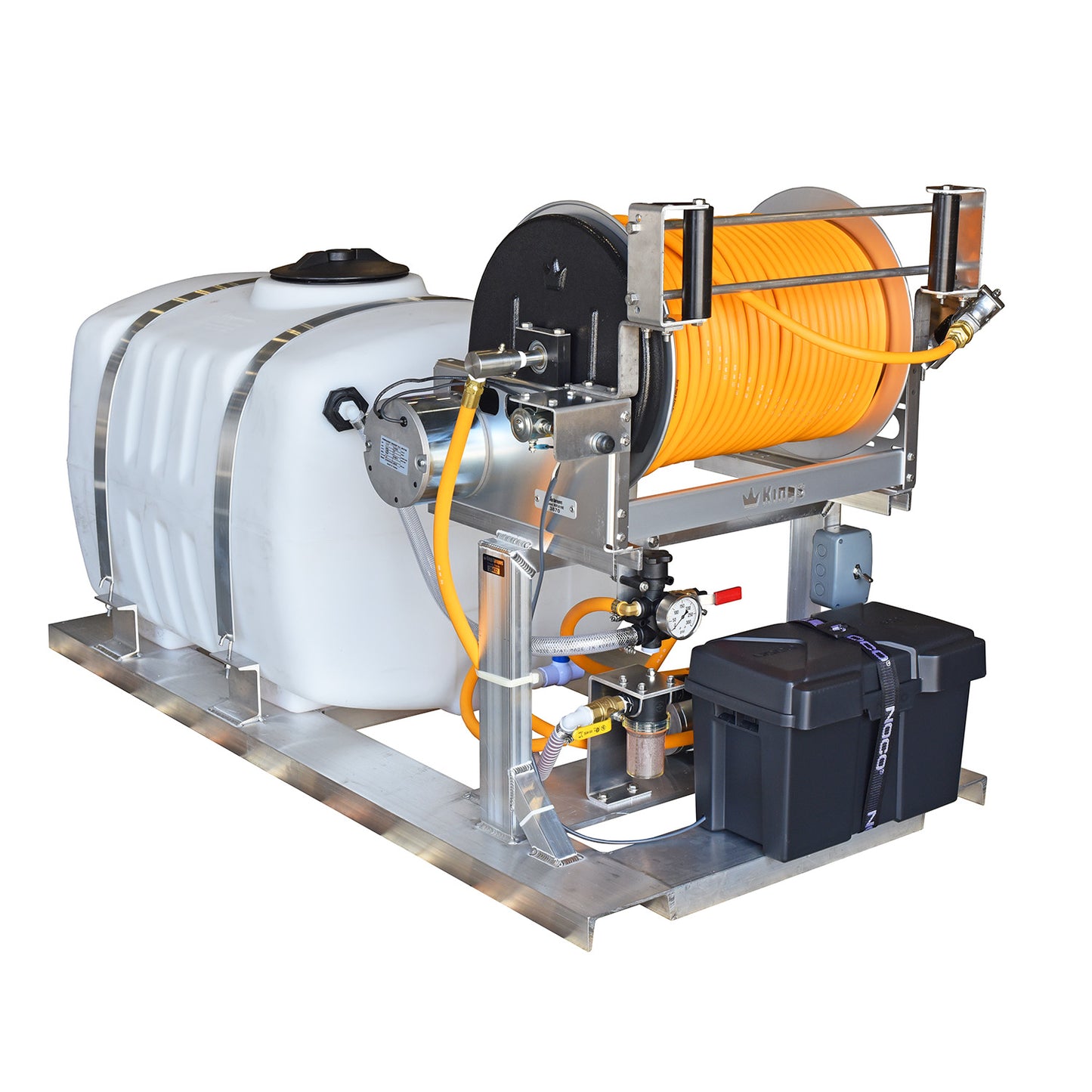 Kings Sprayers 100 Gallon Skid Sprayer with Pumptec 350U 12V Pump & Electric Hose Reel w/ Guide and Deep Cycle Battery (Tank Lengthwise)