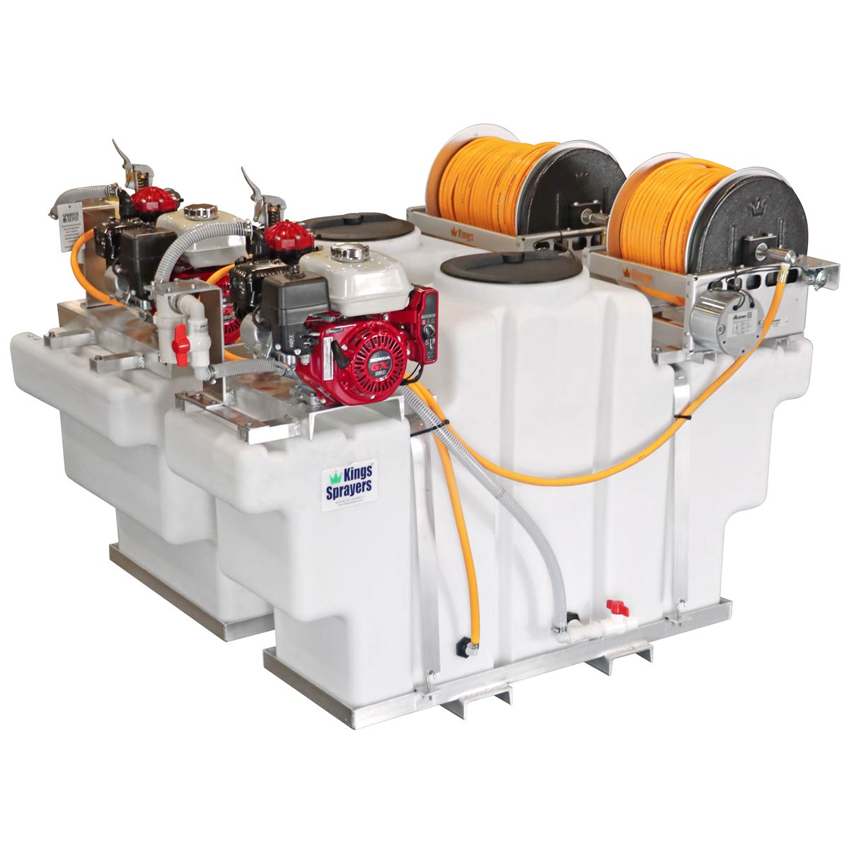 200/100 Gallon Skid with Dual 10 gpm Diaphragm Pumps & 5.5 HP Electric Start Engines, Dual Electric Hose Reels with 300' 3/8" ID Hose