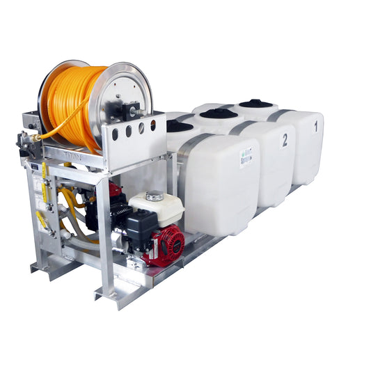 Kings 150 Gallon (50/50/50) Multi-Tank Skid Sprayer, 9.6 GPM, 580 PSI, Diaphragm Pump, Honda GX160, Electric Hose Reel, 300' of 3/8" ID Hose, Model KS505050