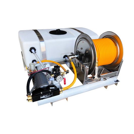 Kings Low Profile 50 Gallon Skid Sprayer, 3 GPM, 150 PSI, Plunger Pump, 12V, Manual Hose Reel, Model KS50