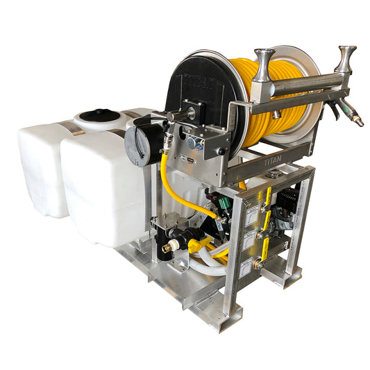 Kings 100 Gallon (50/50) Dual Tank Soft Wash Skid Sprayer, 10.5 GPM, 300 PSI, Poly Diaphragm Pump, Honda GX160, Electric Hose Reel, Model KS5050