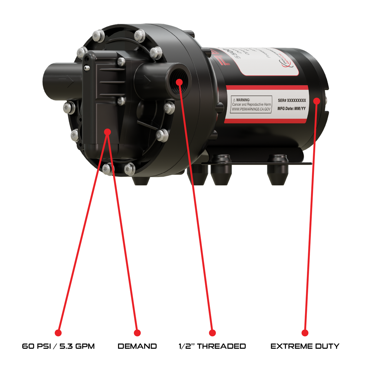 Remco 5537-1E3-82B Professional Grade 5500 Extreme Duty Series, 5.3 GPM, 60 PSI, On Demand, 12 VDC Sprayer Pump with 1/2" FNPT Ports