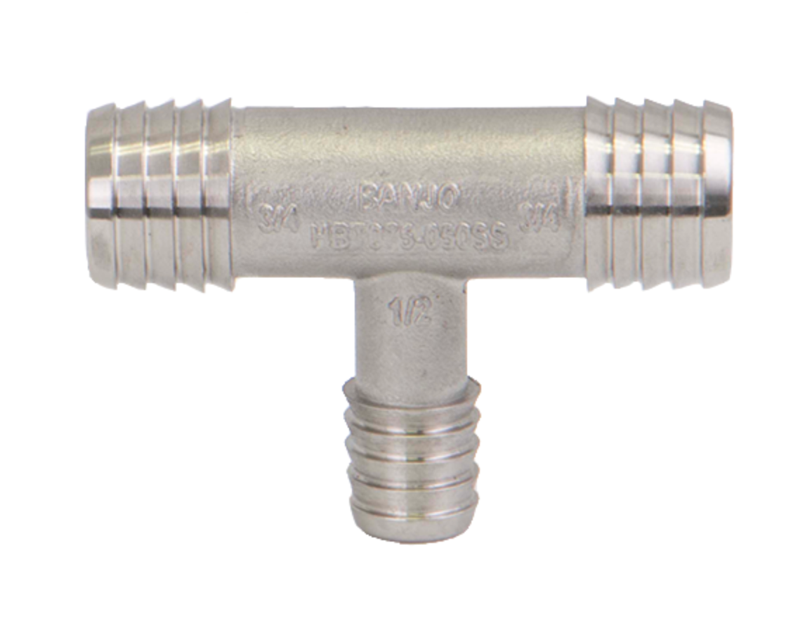 Stainless ¾" Hose Barb X ¾" Hose Barb X ½" Hose Barb Tee
