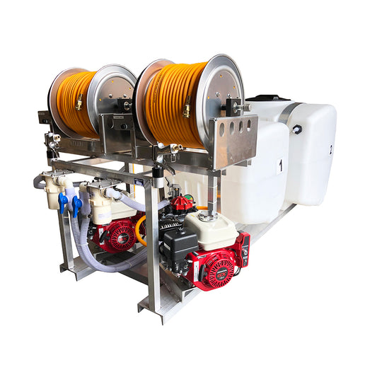 Kings 300 Gallon (200/100) Dual Tank Skid Sprayer, 9.6 GPM, 580 PSI, Diaphragm Pump, Dual Honda GX160 Electric Start Engines, Dual Electric Hose Reels, 300' of 3/8" ID Hose, Model KS200100