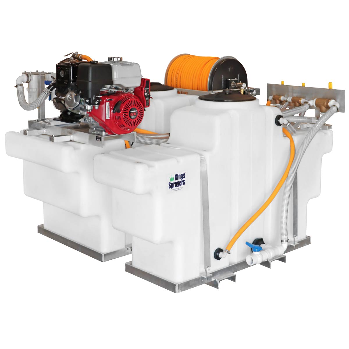 Kings Sprayers 200/100 Gallon SpaceSaver Dual Tank Skid Sprayer w/ 10 GPM Pump & Electric Reel 300' 1/2" ID Hose (Includes Electric Start Honda & Deep Cycle Battery Kit)