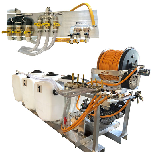 Kings Custom 150 Gallon (50/50/50) Multi-Tank Skid Sprayer, 9.6 GPM, 580 PSI, Diaphragm Pump, Honda GX160, Electric Hose Reel, 300' of 3/8" ID Hose, Custom Valve Bank, Model KS505050