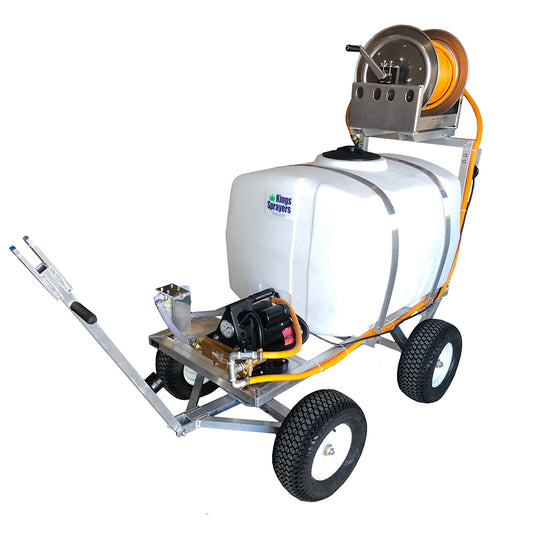 Kings 100 Gallon Atomization Electric 4-Wheel Sprayer, 2.3 GPM, 500 PSI, Plunger Pump, 120V, Manual Hose Reel, 300' of 3/8" ID Hose, Model K4C100