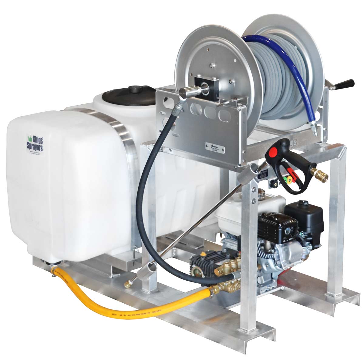 100 Gallon Pressure Washer Skid Sprayer & Manual Reel w/ 100' 3/8" ID 4000 PSI Hose (4 gpm, 4000 psi)