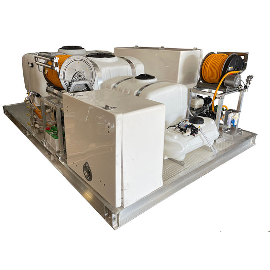 Kings 600 Gallon (300/200/100) Multi-Tank Fiberglass Skid Sprayer, Dual Diaphragm Pumps, 9.6 GPM &14.8 GPM, 580 PSI, Triple Electric Hose Reels, 300' of 1/2" ID Hose, Storage Chests, Model KS300200100
