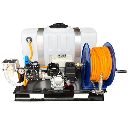Kings Steel 50 Gallon Skid Sprayer, 5 GPM, Diaphragm Pump, 350 PSI, 5.5 HP Engine, Manual Hose Reel, Model KSS50