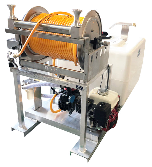 Kings 100 Gallon Fiberglass Skid Sprayer, 9.6 GPM, 580 PSI, Diaphragm Pump, 5.5 HP Engine, Electric Hose Reel, Model KS100