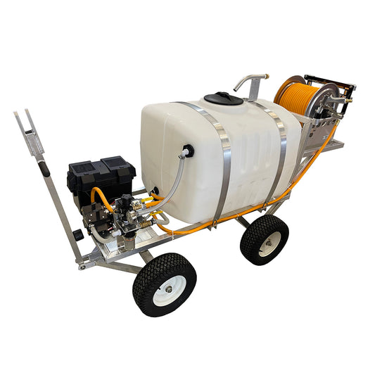 Kings 100 Gallon 4-Wheel Sprayer, 6 GPM, 100 PSI, Pump, 12V, Manual Hose Reel, 150' of 1/2" ID Hose, Battery Kit, Hose Guide, Fill Pipe, Model K4C100