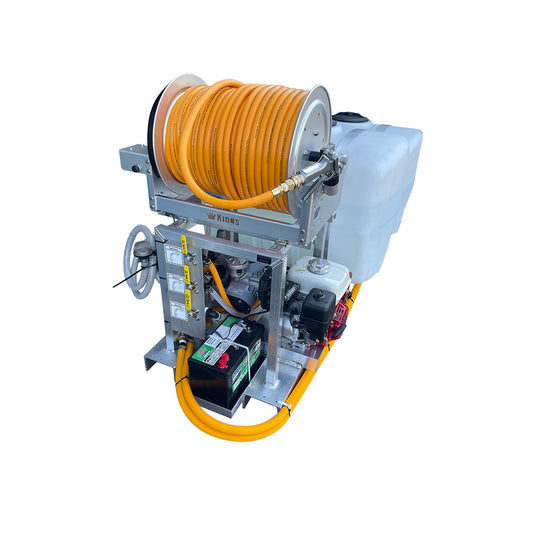 Kings 200 Gallon (100/100) Dual Tank Soft Wash Skid Sprayer, 10 GPM, 300 PSI, Poly Diaphragm Pump, Honda GX160 Electric Start, Electric Hose Reel, 300' of 1/2" ID Hose, Model KS100100