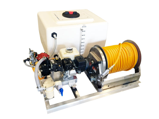 Kings 100 Gallon Fiberglass Skid Sprayer, 9.6 GPM, 580 PSI, Diaphragm Pump, Honda GX160, Electric Hose Reel, Model KS100