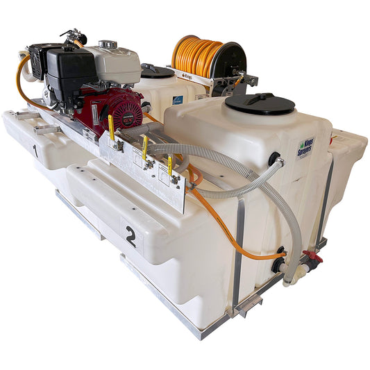 Kings Dual SpaceSaver 400 Gallon (200/200) Skid Sprayer, 21.1 GPM, 725 PSI, Diaphragm Pump, Honda GX390 Electric Start, Electric Hose Reel, 300' of 1/2" ID Hose, Model KS200200