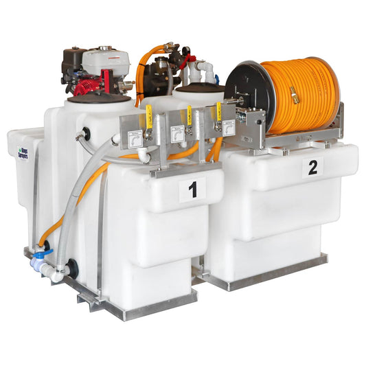 Kings Sprayers 200/100 Gallon SpaceSaver Dual Tank Skid Sprayer w/ 10 GPM Pump & Electric Reel 300' 1/2" ID Hose (Includes Electric Start Honda & Deep Cycle Battery Kit)