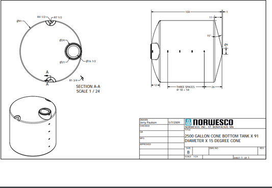Norwesco 2500 Gallon 15 degree Cone Bottom Tank