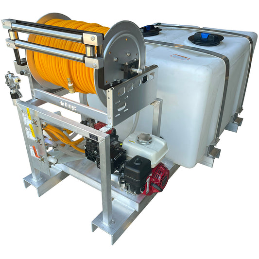 Kings Slim Tank Design 200 Gallon (100/100) Dual Tank Skid Sprayer, 9.6 GPM, 580 PSI, Diaphragm Pump, Honda GX160, Electric Hose Reel, 400' of 3/8" ID Hose, Model KS100100