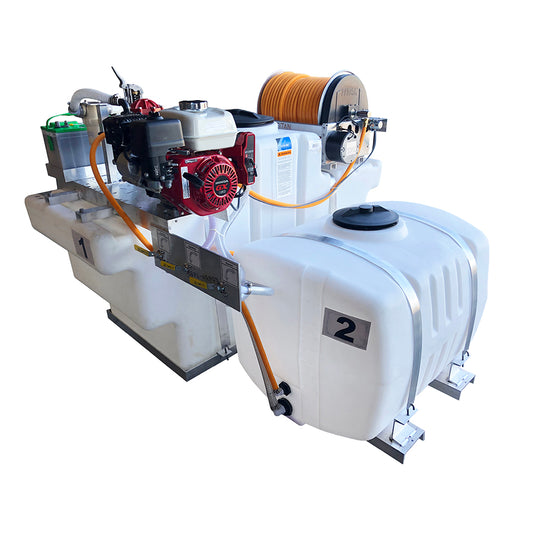 Kings SpaceSaver 300 Gallon (200/100) Dual Tank Skid Sprayer, 9.6 GPM, 580 PSI, Diaphragm Pump, Honda GX160 Electric Start, Electric Hose Reel, 300' of 1/2" ID Hose, Deep Cycle Battery Kit, Model KS200100