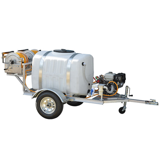 Kings 200 Gallon Non Highway Ready 2-Wheel Trailer Sprayer, 21.1 GPM, 725 PSI, Diaphragm Pump, Honda GX390, Dual Manual Hose Reels, 300' of 3/8" ID Hose, Hose Guide, Model KT200