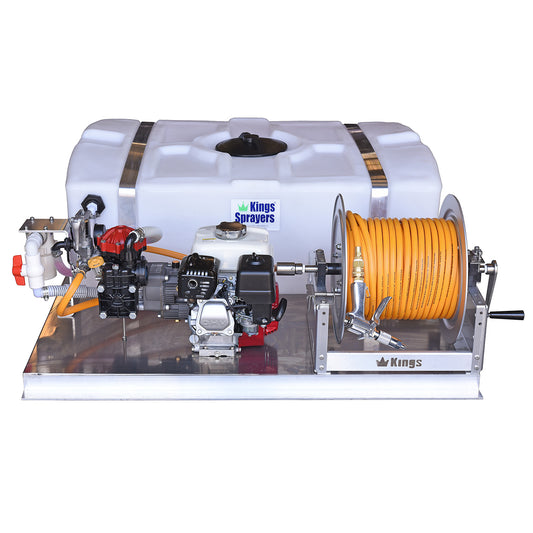 Kings Low Profile 100 Gallon Skid Sprayer, 9.6 GPM, 580 PSI, Diaphragm Pump, 5.5 HP Engine, Manual Hose Reel, Model KS100