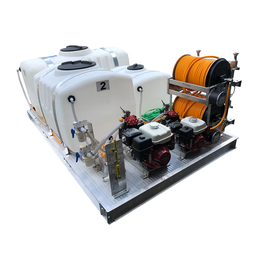 Kings 600 Gallon (300/200/100) Multi-Tank Skid Sprayer, Dual Diaphragm Pumps, 9.6 GPM, 580 PSI & 14.8 GPM, 580 PSI, Dual Electric Hose Reels, 300' of 1/2" ID Hose, Model KS300200100