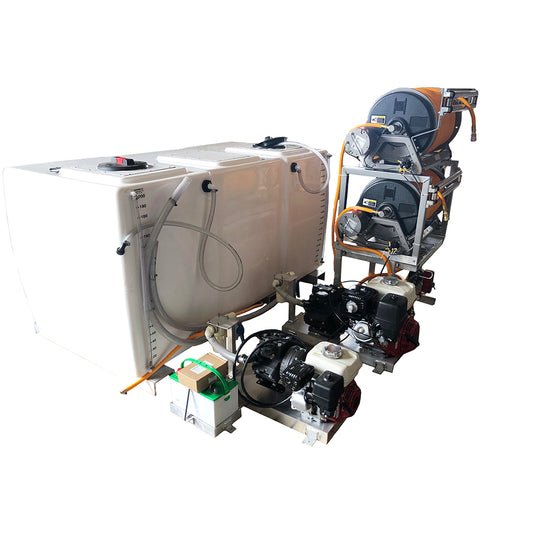 Kings Modular 600 Gallon (400/200) Fiberglass Skid Sprayer, Dual Diaphragm Pumps, 20 GPM, 560 PSI & 15 GPM, 350 PSI, Dual Honda GX Engines, Dual Electric Hose Reels, Deep Cycle Battery Kit, Hose Guide, Model KS600