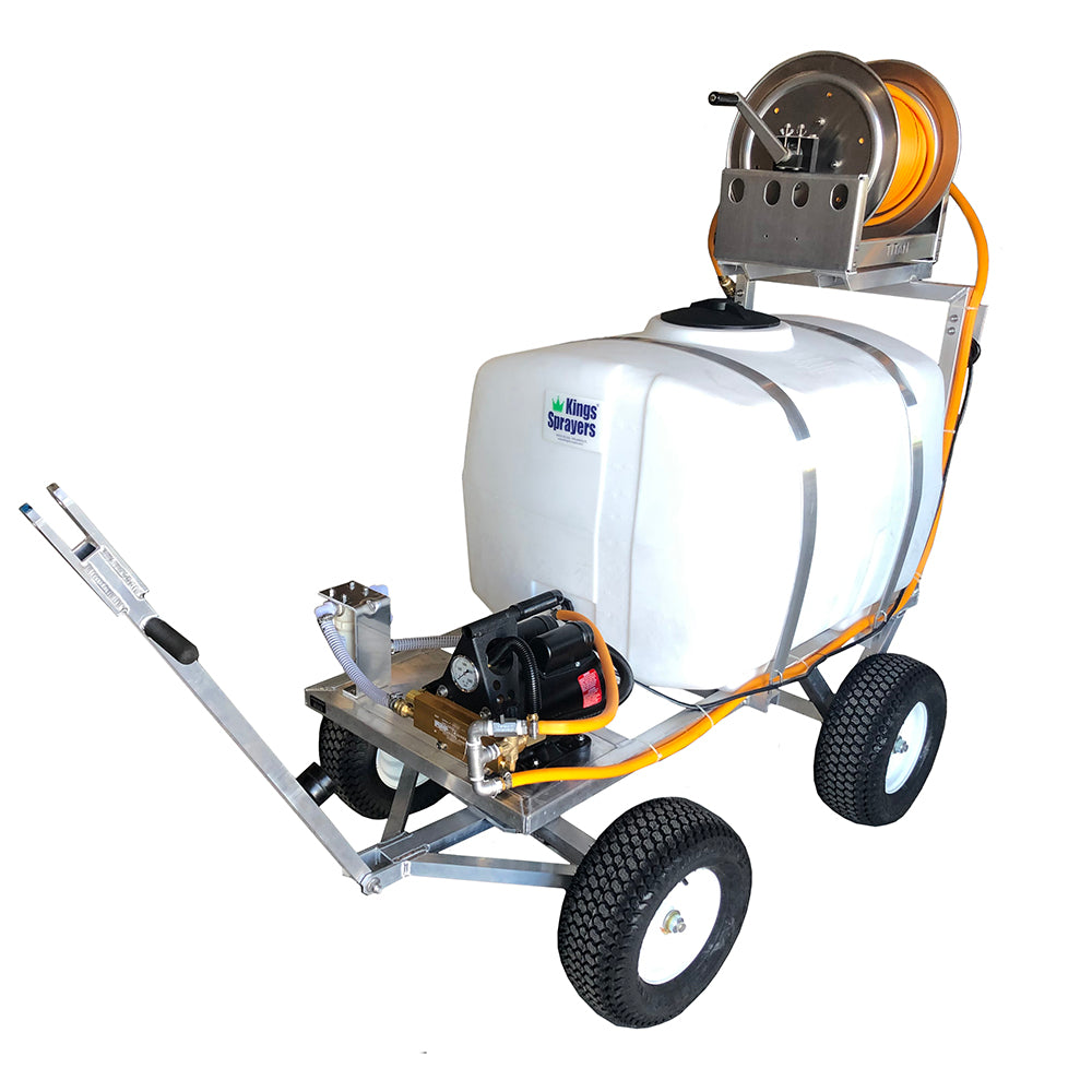 Kings 100 Gallon Atomization Electric 4-Wheel Sprayer, 2.3 GPM, 500 PSI, Plunger Pump, 120V, Manual Hose Reel, 300' of 3/8" ID Hose, Model K4C100