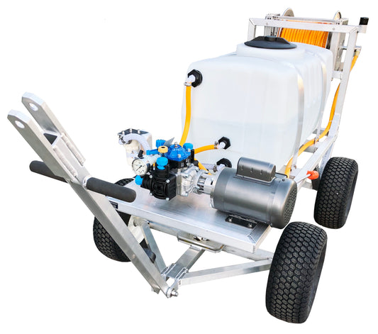 Kings 50 Gallon Electric 4-Wheel Sprayer, 4.3 GPM, 290 PSI, Poly Diaphragm Pump, 115V, Manual Hose Reel, 150' of 3/8" ID Hose, Model K4C50