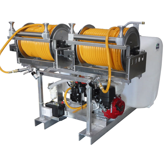 Kings 200 Gallon Skid Sprayer, 14.8 GPM, 580 PSI, Diaphragm Pump, Honda GX270, Dual Electric Hose Reels, 300' of 1/2" ID Hose, Battery, Hose Guide, Fill Pipe, Model KS200