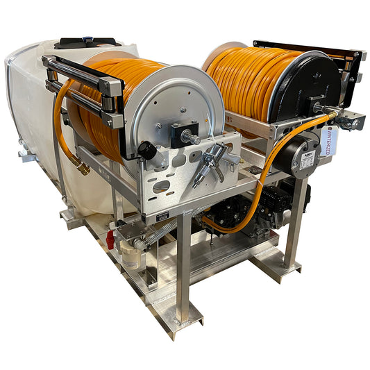 Kings 300 Gallon Skid Sprayer, 9.6 GPM, 580 PSI, Diaphragm Pump, 5.5 HP Engine, Dual Electric Hose Reels, 300' of 1/2" ID Hose, Hose Guide, Tank Longways, Model KS300