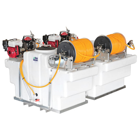 King SpaceSaver 500 Gallon (300/200) Dual Tank Skid Sprayer, 9.6 GPM, 580 PSI, Diaphragm Pump, Honda GX160 Electric Start, Dual Electric Hose Reels, 300' of 1/2 ID Hose, Model KS300200