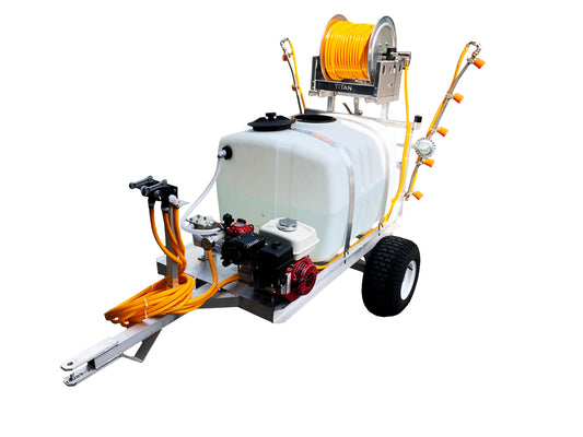 Kings Sprayers 100 Gallon 2-Wheel Sprayer with 6 gpm Diaphragm Pump with Manual Hose Reel and Vineyard/Orchard Boom
